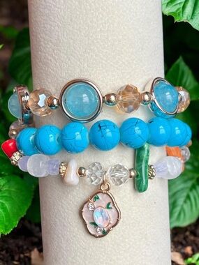 Turquoise Charm Beaded 3 Pieces Stretch Bracelet Set